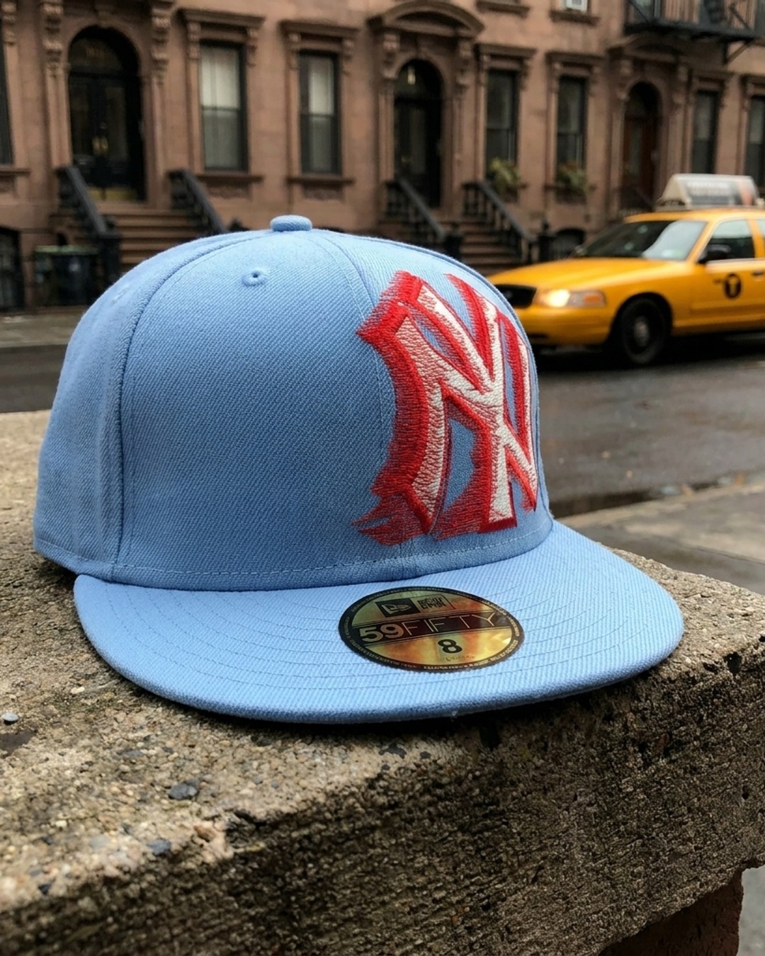 New Era 59Fifty New York Yankees Fitted Hat Lt Blue, Red White Logo Size 8 NWT