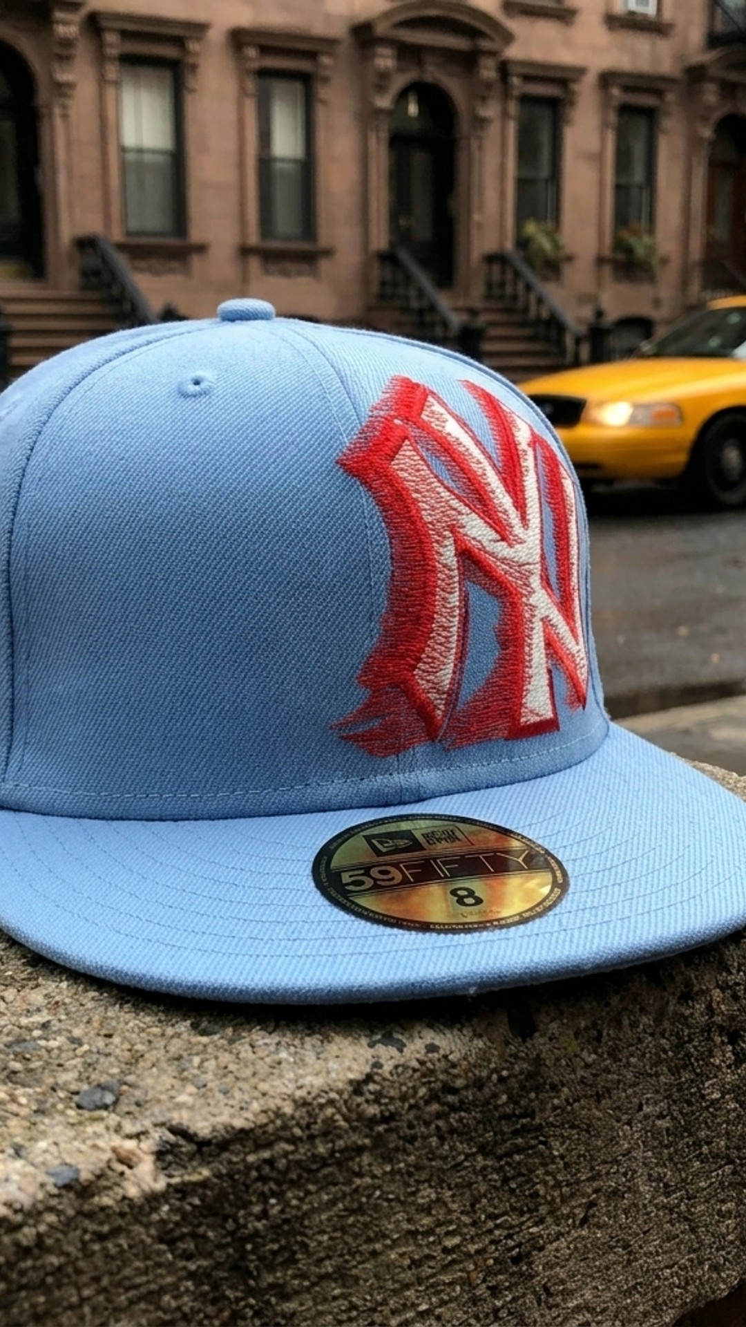 New Era 59Fifty New York Yankees Fitted Hat Lt Blue, Red White Logo Size 8 NWT