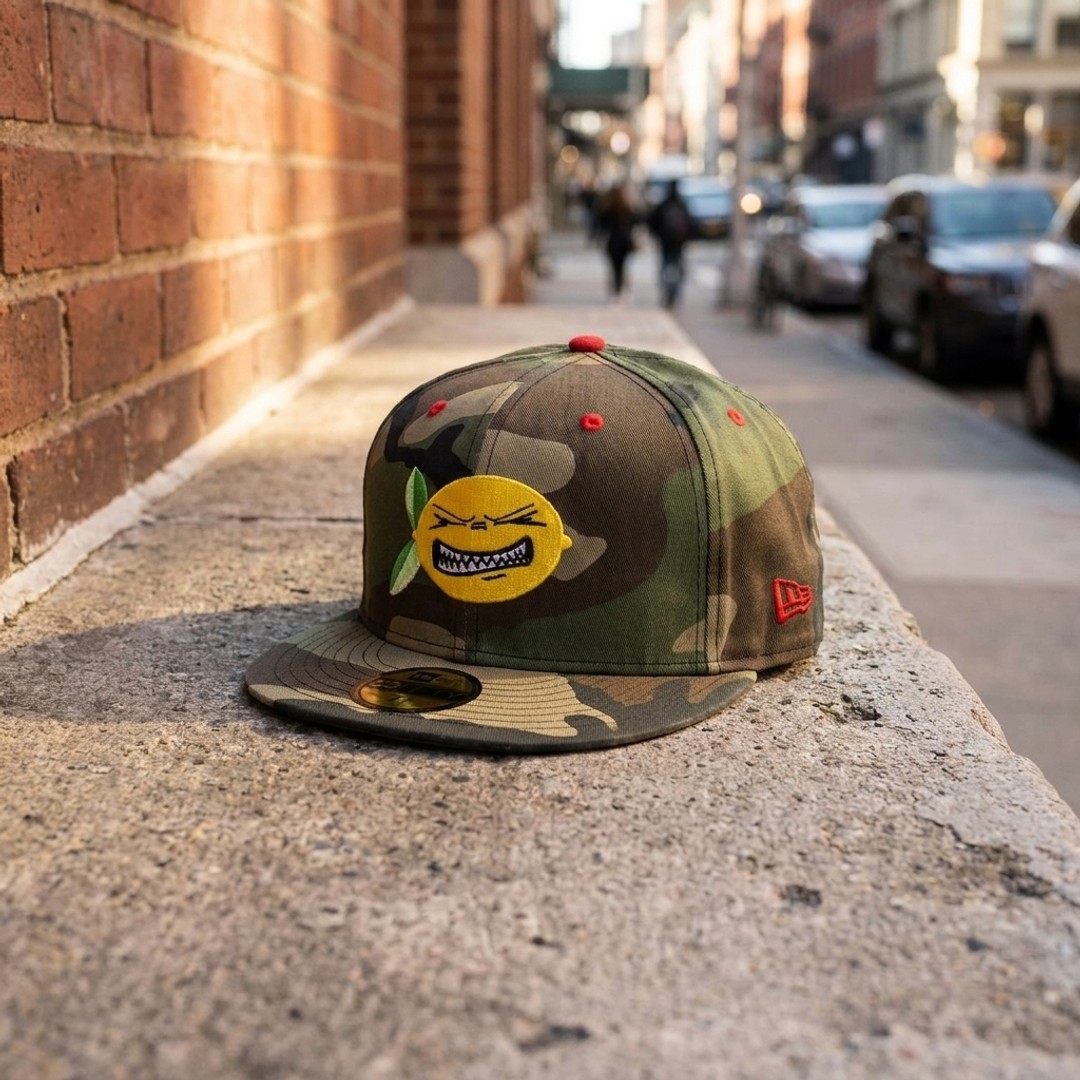 New Era 59Fifty Sz 8 Camo Hat Sour Lemon Embroidered Size XL Fitted 63.5cm